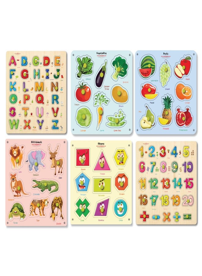 Khilonewale Combo of 6 Wooden Knob Puzzles for Toddlers - 20×30 cm Learning Boards for 3+ Years Kids Toys Boys, (Combo 1) - Image 1